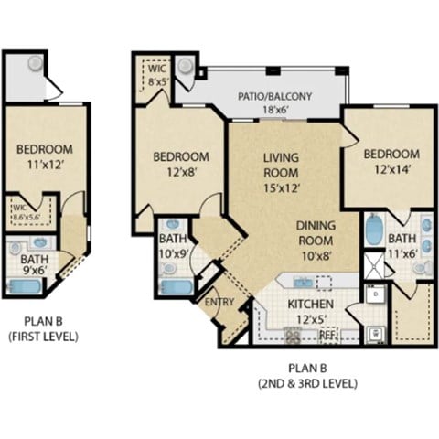 Floor plan for 2 beds, 2 baths, 1238 sqft
